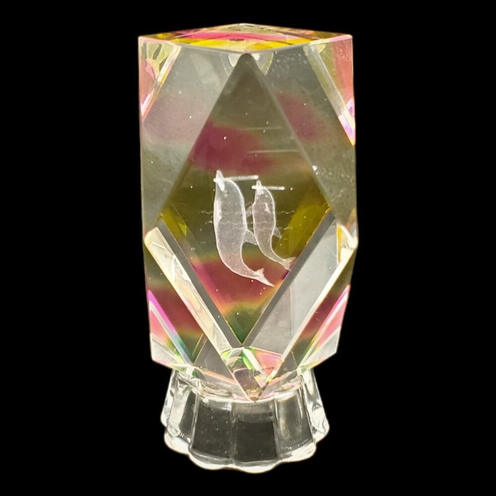 3D Laser Etched Crystal Art Glass Swimming Dolphins‎ Sea Life Paperweight 4"